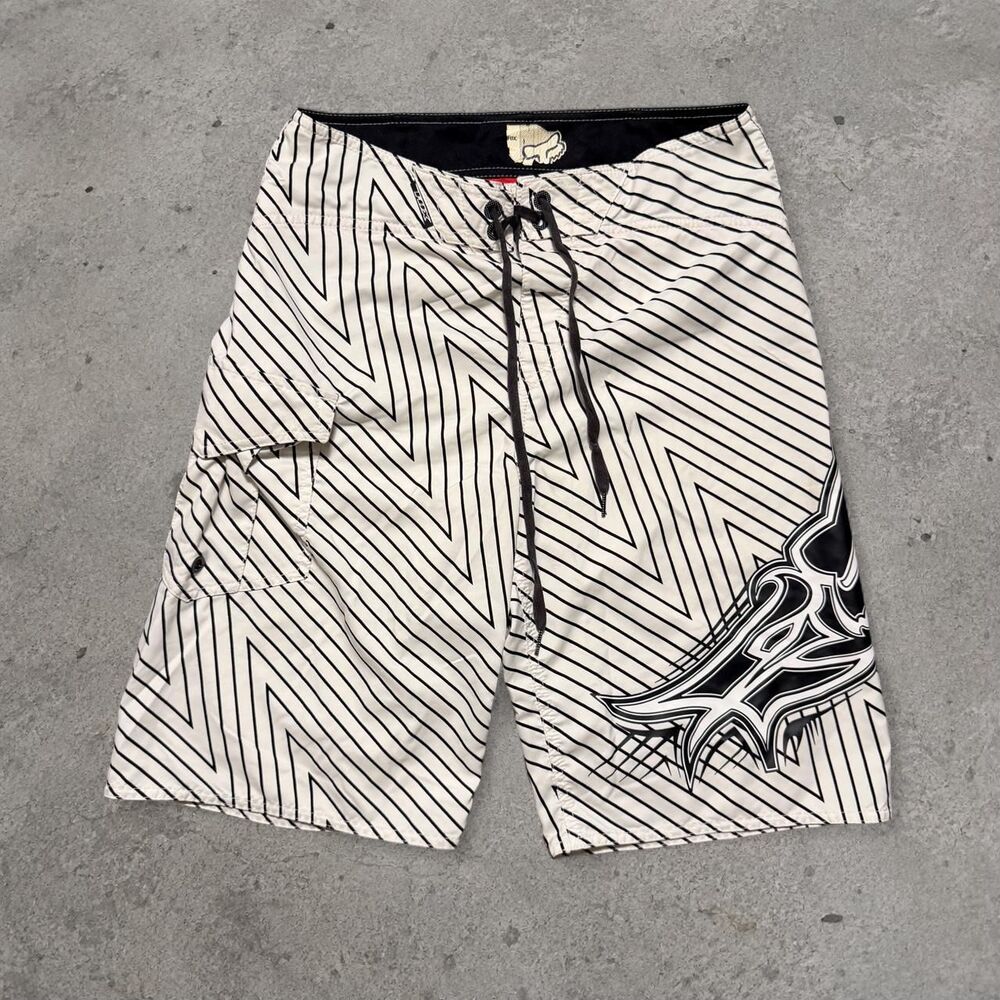Y2K Fox Racing Board Shorts Crazy Pinstripe Graphic Mens Size 30